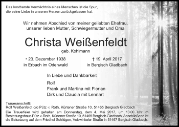 Anzeige von Christa Weißenfeldt von Kölner Stadt-Anzeiger / Kölnische Rundschau / Express