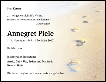 Anzeige von Annegret Piele von Kölner Stadt-Anzeiger / Kölnische Rundschau / Express