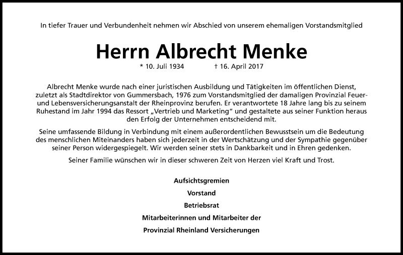  Traueranzeige für Albrecht Menke vom 26.04.2017 aus Kölner Stadt-Anzeiger / Kölnische Rundschau / Express
