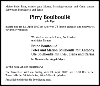 Anzeige von Pirry Boulboullé von Kölner Stadt-Anzeiger / Kölnische Rundschau / Express
