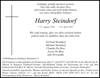 Anzeige von Harry Steindorf von Kölner Stadt-Anzeiger / Kölnische Rundschau / Express