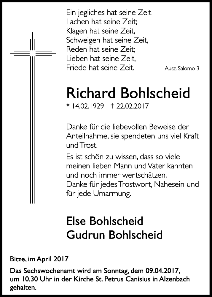  Traueranzeige für Richard Bohlscheid vom 07.04.2017 aus Kölner Stadt-Anzeiger / Kölnische Rundschau / Express