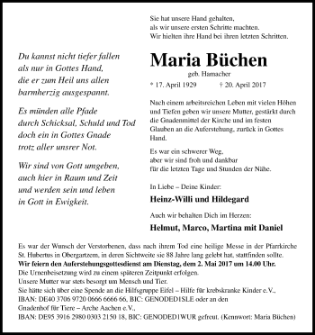Anzeige von Maria Büchen von Kölner Stadt-Anzeiger / Kölnische Rundschau / Express