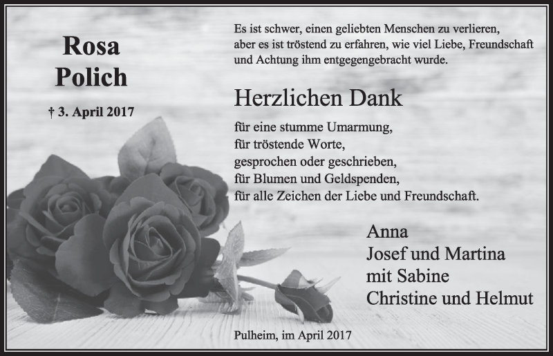  Traueranzeige für Rosa Polich vom 22.04.2017 aus  Sonntags-Post 