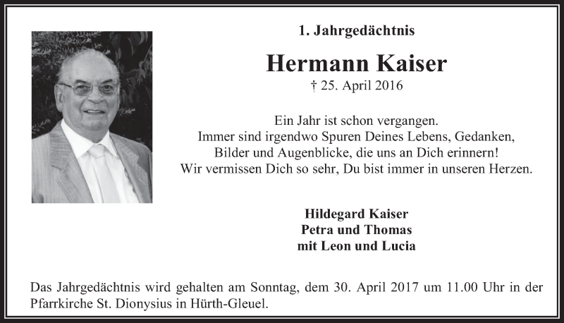  Traueranzeige für Hermann Kaiser vom 19.04.2017 aus  Wochenende 
