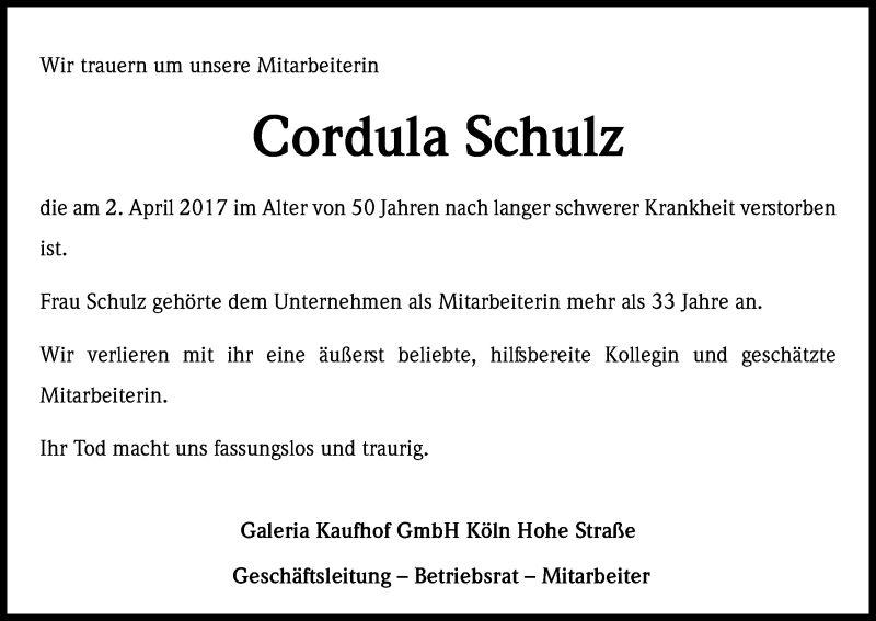  Traueranzeige für Cordula Schulz vom 25.04.2017 aus Kölner Stadt-Anzeiger / Kölnische Rundschau / Express