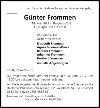 Anzeige von Günter Frommen von Kölner Stadt-Anzeiger / Kölnische Rundschau / Express