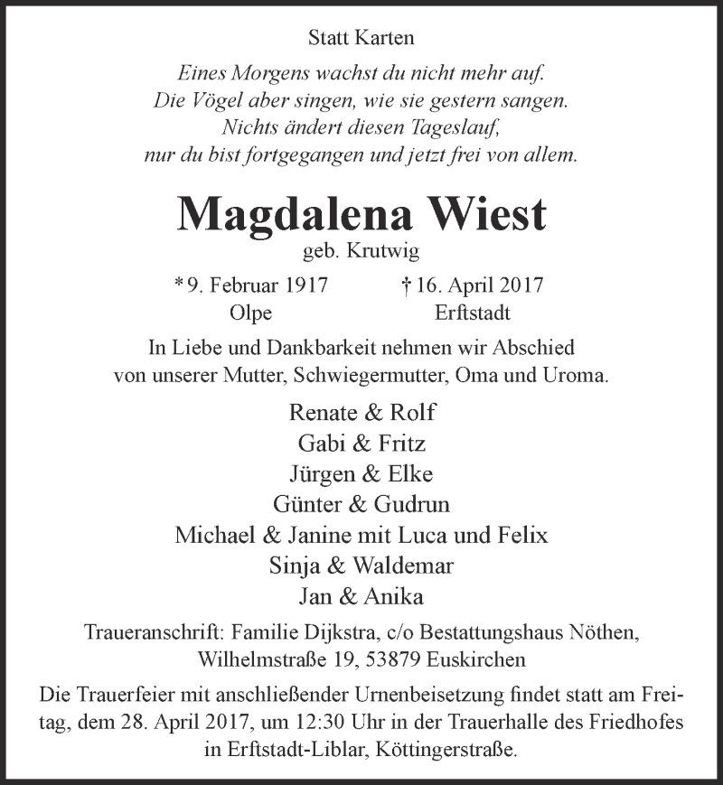  Traueranzeige für Magdalena Wiest vom 26.04.2017 aus  Werbepost 