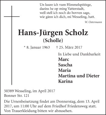 Anzeige von Hans-Jürgen Scholz von  Schlossbote/Werbekurier 