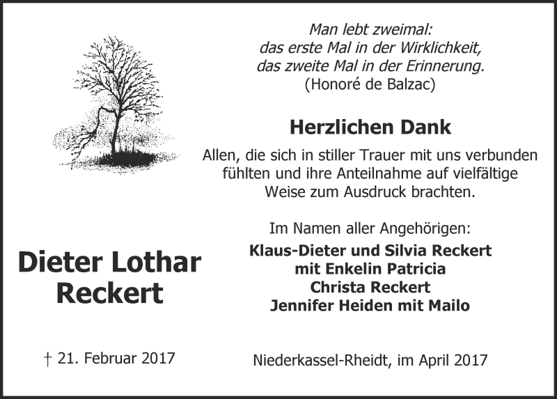  Traueranzeige für Dieter Lothar Reckert vom 05.04.2017 aus  Kölner Wochenspiegel  Extra Blatt 