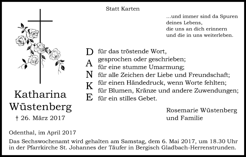  Traueranzeige für Katharina Wüstenberg vom 29.04.2017 aus Kölner Stadt-Anzeiger / Kölnische Rundschau / Express