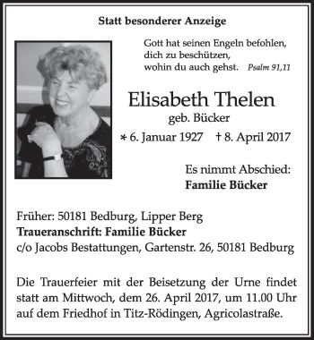 Anzeige von Elisabeth Thelen von  Sonntags-Post 