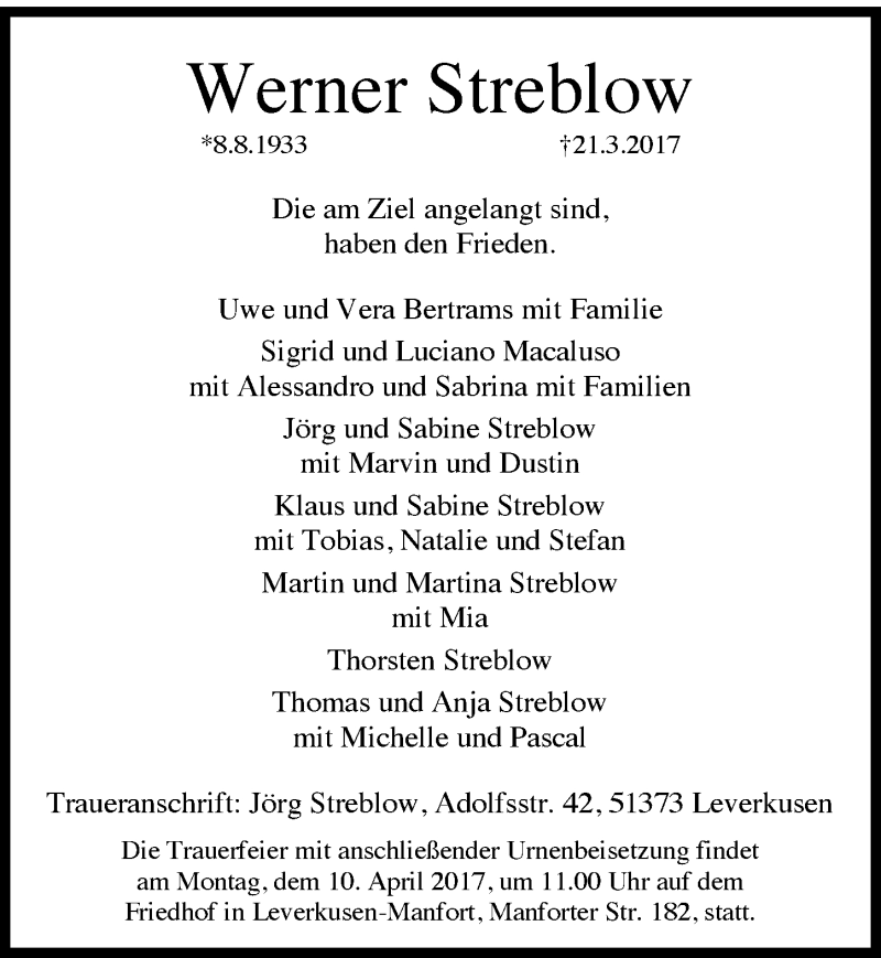  Traueranzeige für Werner Streblow vom 05.04.2017 aus  Lokale Informationen 