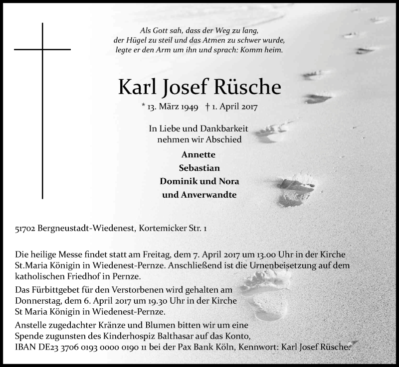  Traueranzeige für Karl Josef Rüsche vom 04.04.2017 aus Kölner Stadt-Anzeiger / Kölnische Rundschau / Express
