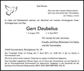 Anzeige von Gert Deubelius von Kölner Stadt-Anzeiger / Kölnische Rundschau / Express