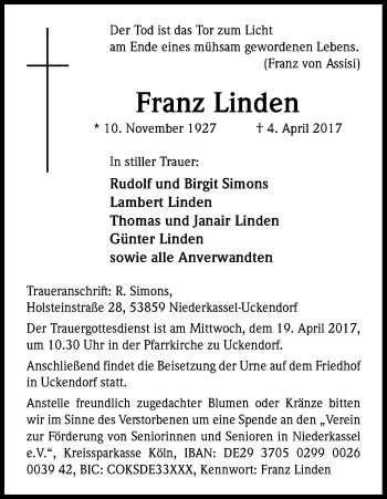 Anzeige von Franz Linden von Kölner Stadt-Anzeiger / Kölnische Rundschau / Express