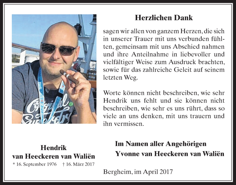  Traueranzeige für Hendrik van Heeckeren van Waliën vom 26.04.2017 aus  Werbepost 