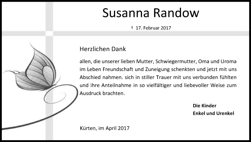  Traueranzeige für Susanna Randow vom 22.04.2017 aus Kölner Stadt-Anzeiger / Kölnische Rundschau / Express