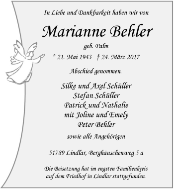 Anzeige von Marianne Behler von  Anzeigen Echo 