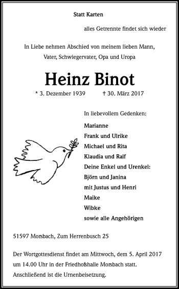 Anzeige von Heinz Binot von Kölner Stadt-Anzeiger / Kölnische Rundschau / Express