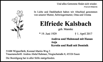 Anzeige von Elfriede Kalsbach von Kölner Stadt-Anzeiger / Kölnische Rundschau / Express