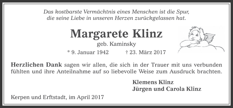  Traueranzeige für Margarete Klinz vom 12.04.2017 aus  Werbepost 