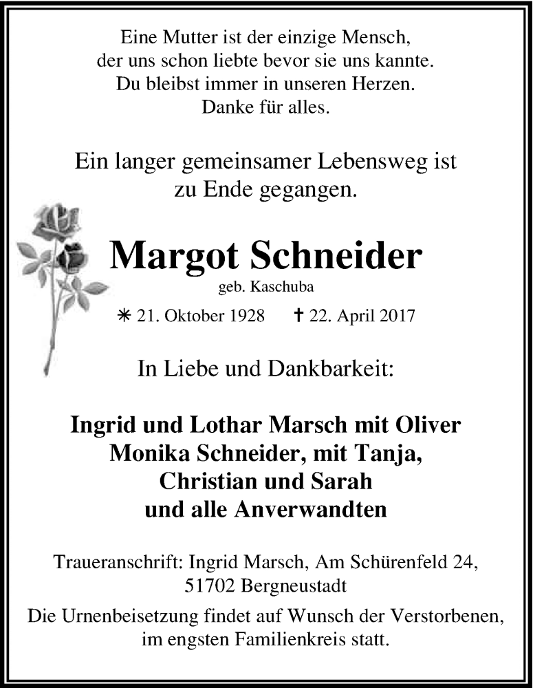  Traueranzeige für Margot Schneider vom 26.04.2017 aus Kölner Stadt-Anzeiger / Kölnische Rundschau / Express