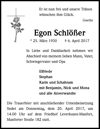 Anzeige von Egon Schlößer von Kölner Stadt-Anzeiger / Kölnische Rundschau / Express