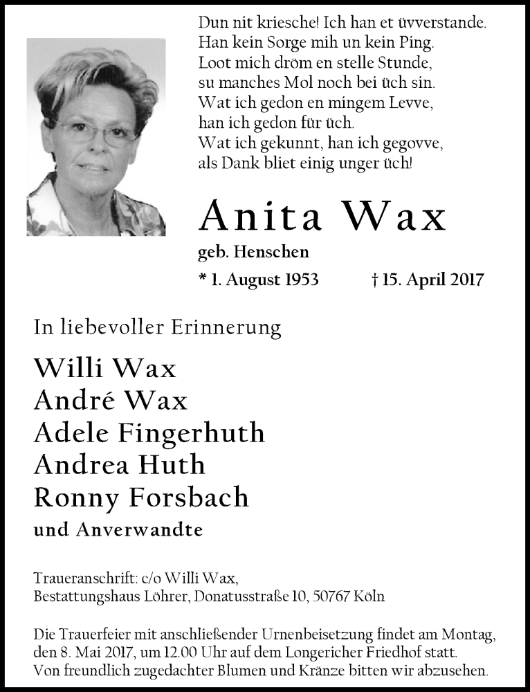  Traueranzeige für Anita Wax vom 26.04.2017 aus  Kölner Wochenspiegel 