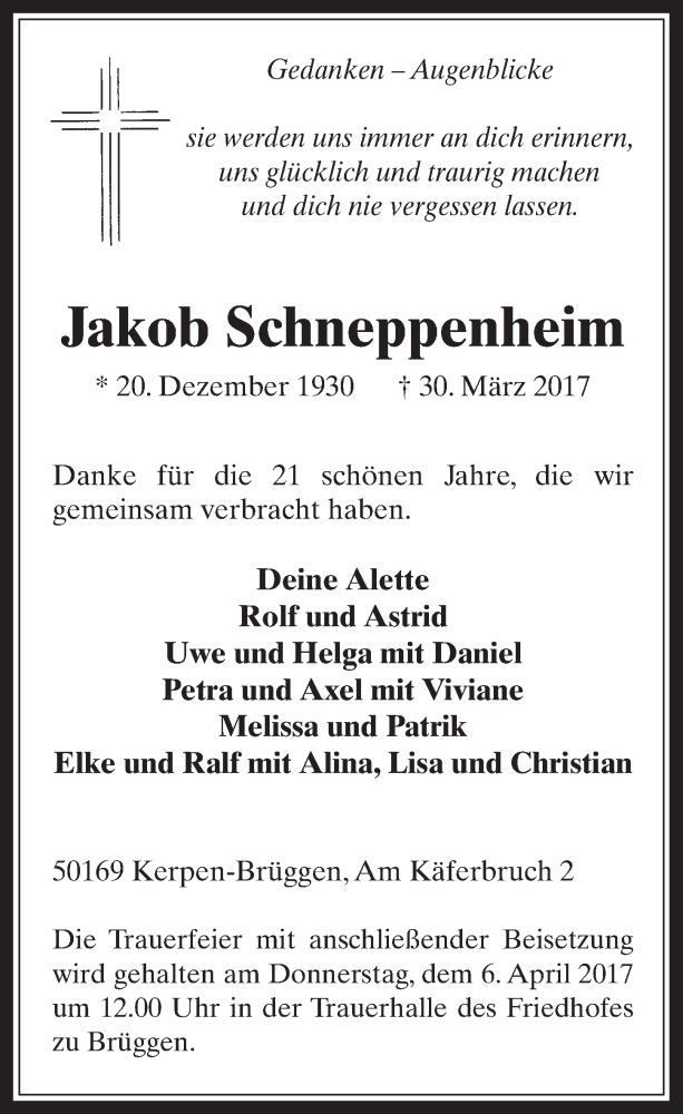  Traueranzeige für Jakob Schneppenheim vom 05.04.2017 aus  Werbepost 