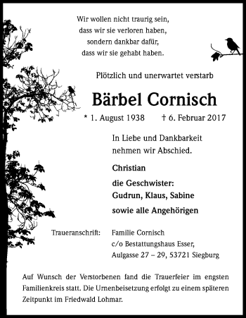 Anzeige von Bärbel Cornisch von Kölner Stadt-Anzeiger / Kölnische Rundschau / Express