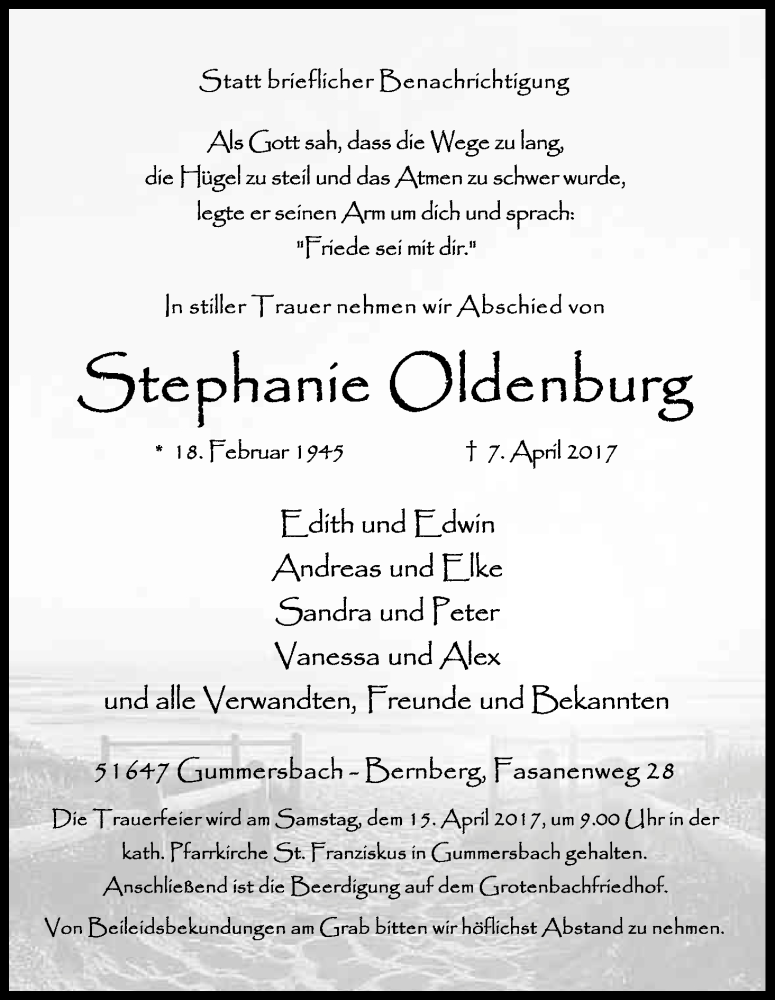  Traueranzeige für Stephanie Oldenburg vom 13.04.2017 aus Kölner Stadt-Anzeiger / Kölnische Rundschau / Express