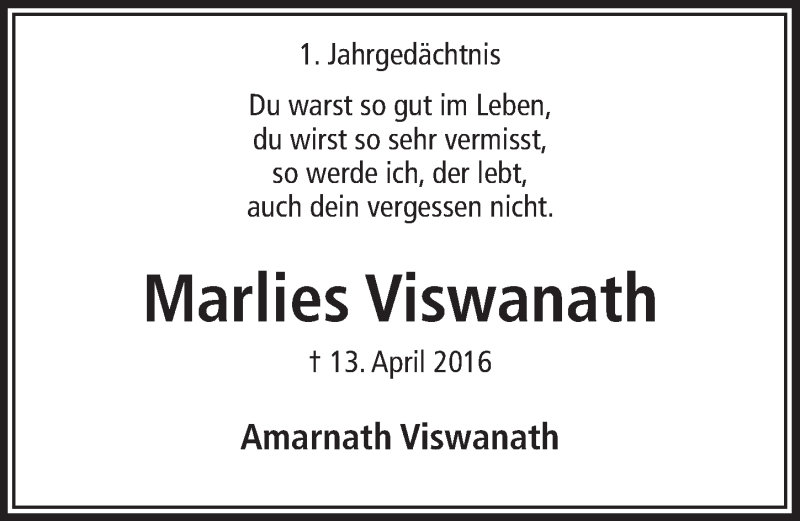  Traueranzeige für Marlies Viswanath vom 12.04.2017 aus  Bergisches Handelsblatt 