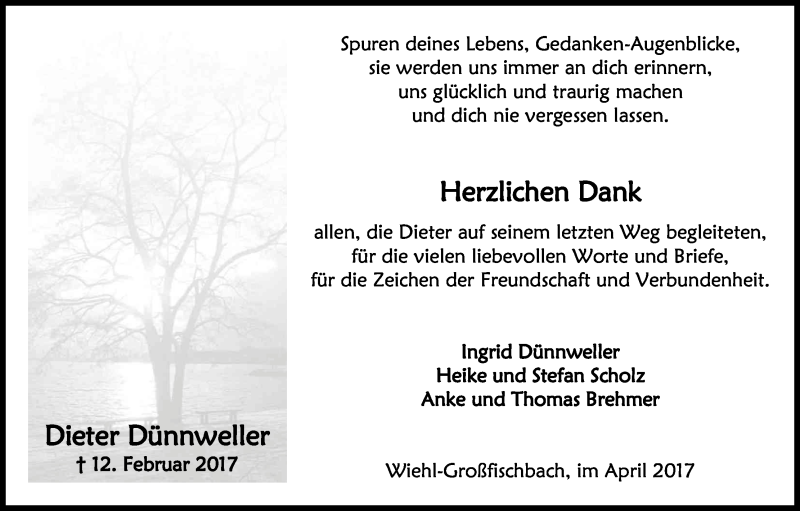  Traueranzeige für Dieter Dünnweller vom 08.04.2017 aus Kölner Stadt-Anzeiger / Kölnische Rundschau / Express