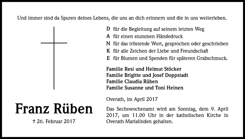  Traueranzeige für Franz Rüben vom 08.04.2017 aus Kölner Stadt-Anzeiger / Kölnische Rundschau / Express