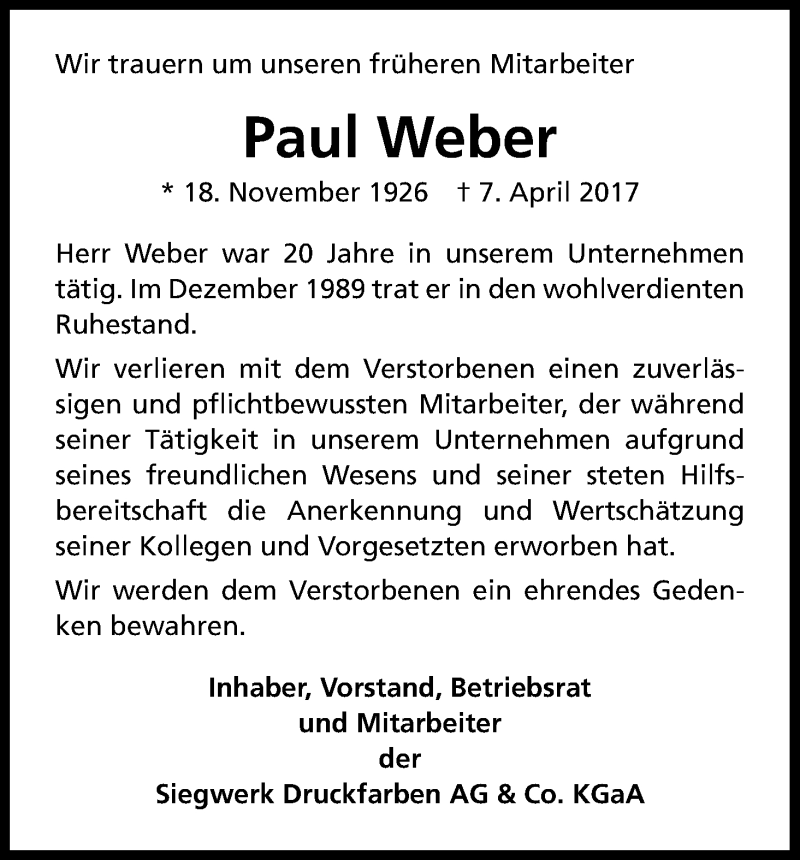  Traueranzeige für Paul Weber vom 15.04.2017 aus Kölner Stadt-Anzeiger / Kölnische Rundschau / Express