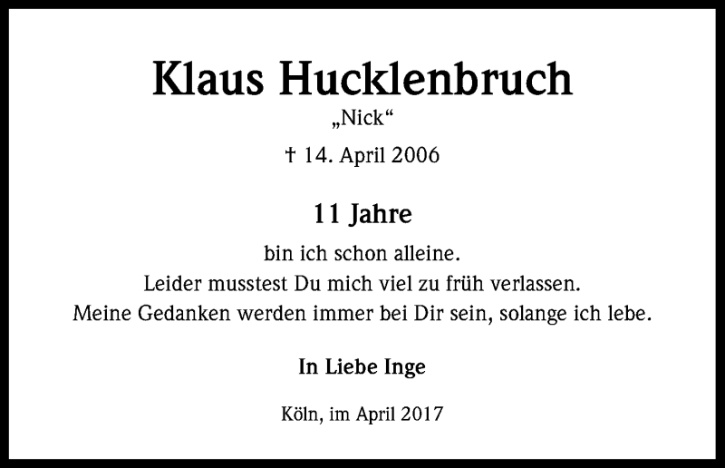  Traueranzeige für Klaus Hucklenbruch vom 13.04.2017 aus Kölner Stadt-Anzeiger / Kölnische Rundschau / Express