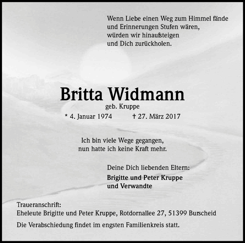  Traueranzeige für Britta Widmann vom 03.04.2017 aus Kölner Stadt-Anzeiger / Kölnische Rundschau / Express