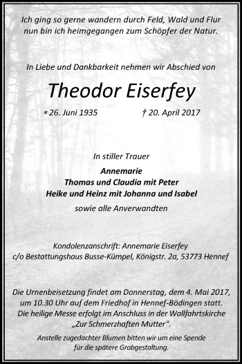 Anzeige von Theodor Eiserfey von Kölner Stadt-Anzeiger / Kölnische Rundschau / Express