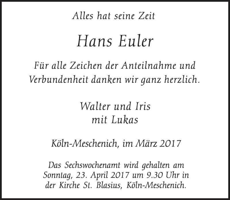  Traueranzeige für Hans Euler vom 12.04.2017 aus  Schlossbote/Werbekurier 