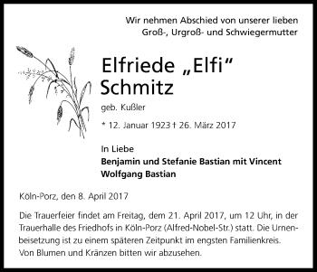 Anzeige von Elfriede Schmitz von Kölner Stadt-Anzeiger / Kölnische Rundschau / Express