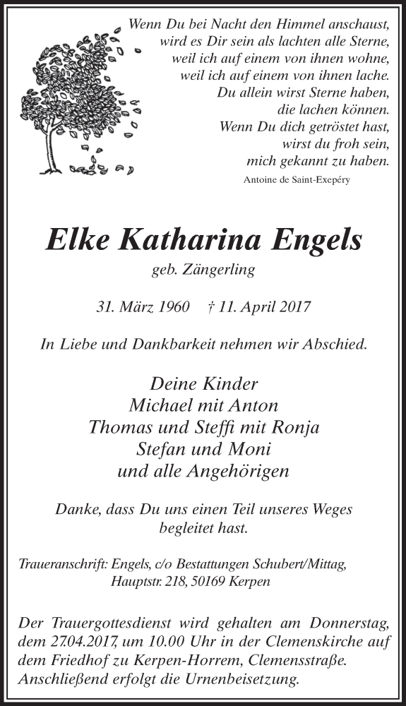  Traueranzeige für Elke Katharina Engels vom 22.04.2017 aus  Sonntags-Post 
