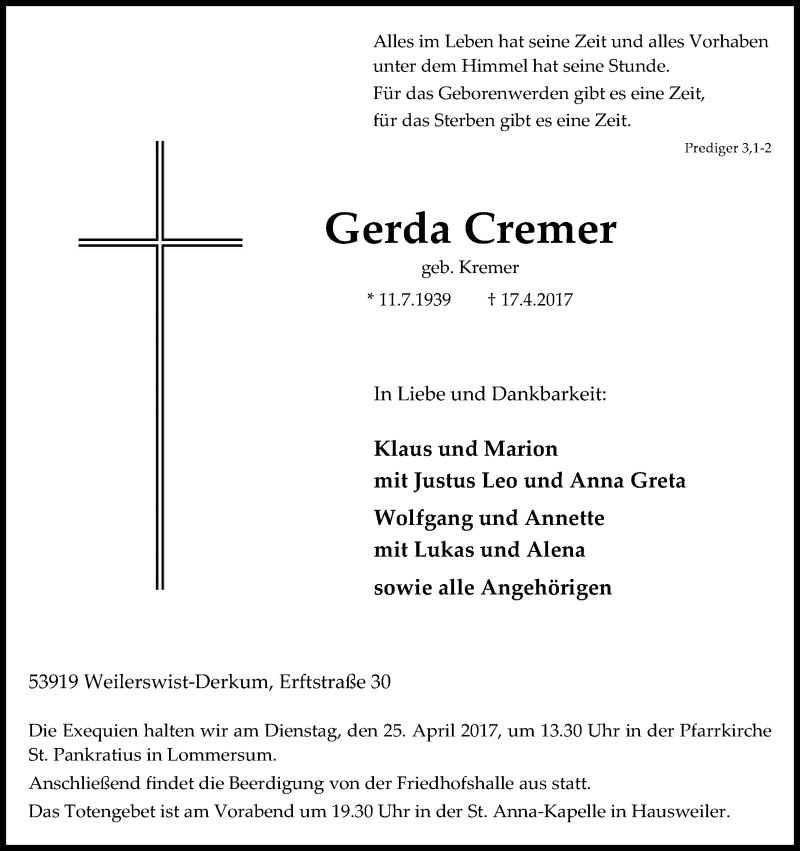  Traueranzeige für Gerda Cremer vom 22.04.2017 aus Kölner Stadt-Anzeiger / Kölnische Rundschau / Express