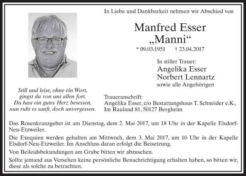  Traueranzeige für Manfred Esser vom 29.04.2017 aus  Sonntags-Post 