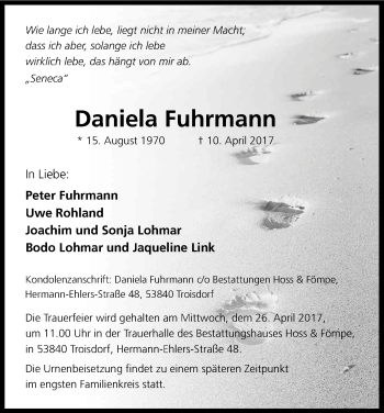 Anzeige von Daniela Fuhrmann von Kölner Stadt-Anzeiger / Kölnische Rundschau / Express