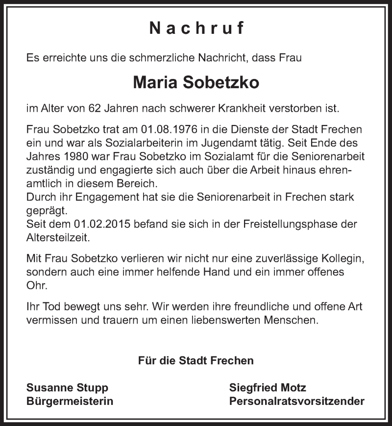  Traueranzeige für Maria Sobetzko vom 29.04.2017 aus  Sonntags-Post 