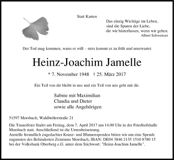 Anzeige von Heinz-Joachim Jamelle von Kölner Stadt-Anzeiger / Kölnische Rundschau / Express