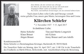 Anzeige von Klärchen Schiefer von  Sonntags-Post 