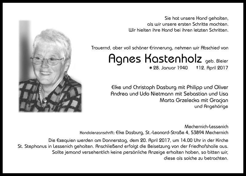  Traueranzeige für Agnes Kastenholz vom 15.04.2017 aus  Blickpunkt Euskirchen 
