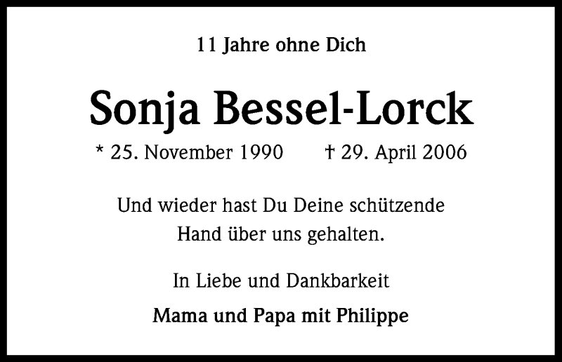  Traueranzeige für Sonja Bessel-Lorck vom 29.04.2017 aus Kölner Stadt-Anzeiger / Kölnische Rundschau / Express